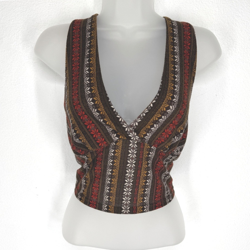 Womens Fair Isle Knit Halter Crop Top Brown Geometric Large Folk‎ Indie Granola